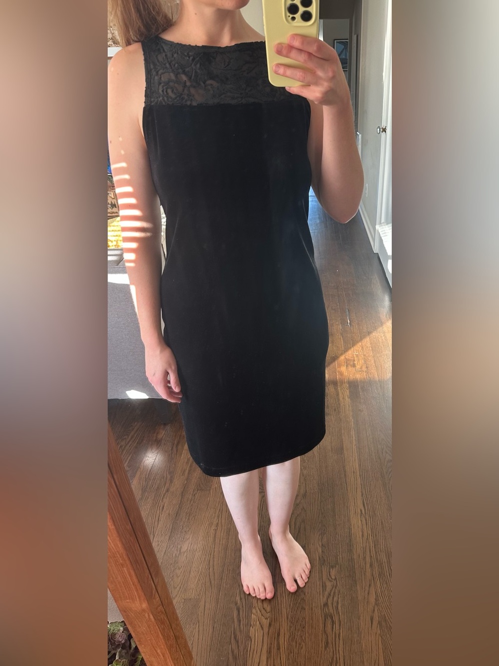 Carole Little Black Velvet Mini Dress with Lace Yoke